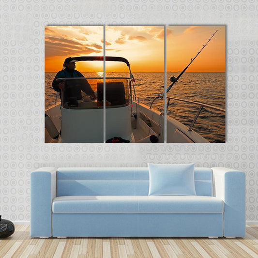 Fisherman With Boat In Ocean Canvas Wall Art-3 Horizontal-Gallery Wrap-37" x 24"-Tiaracle