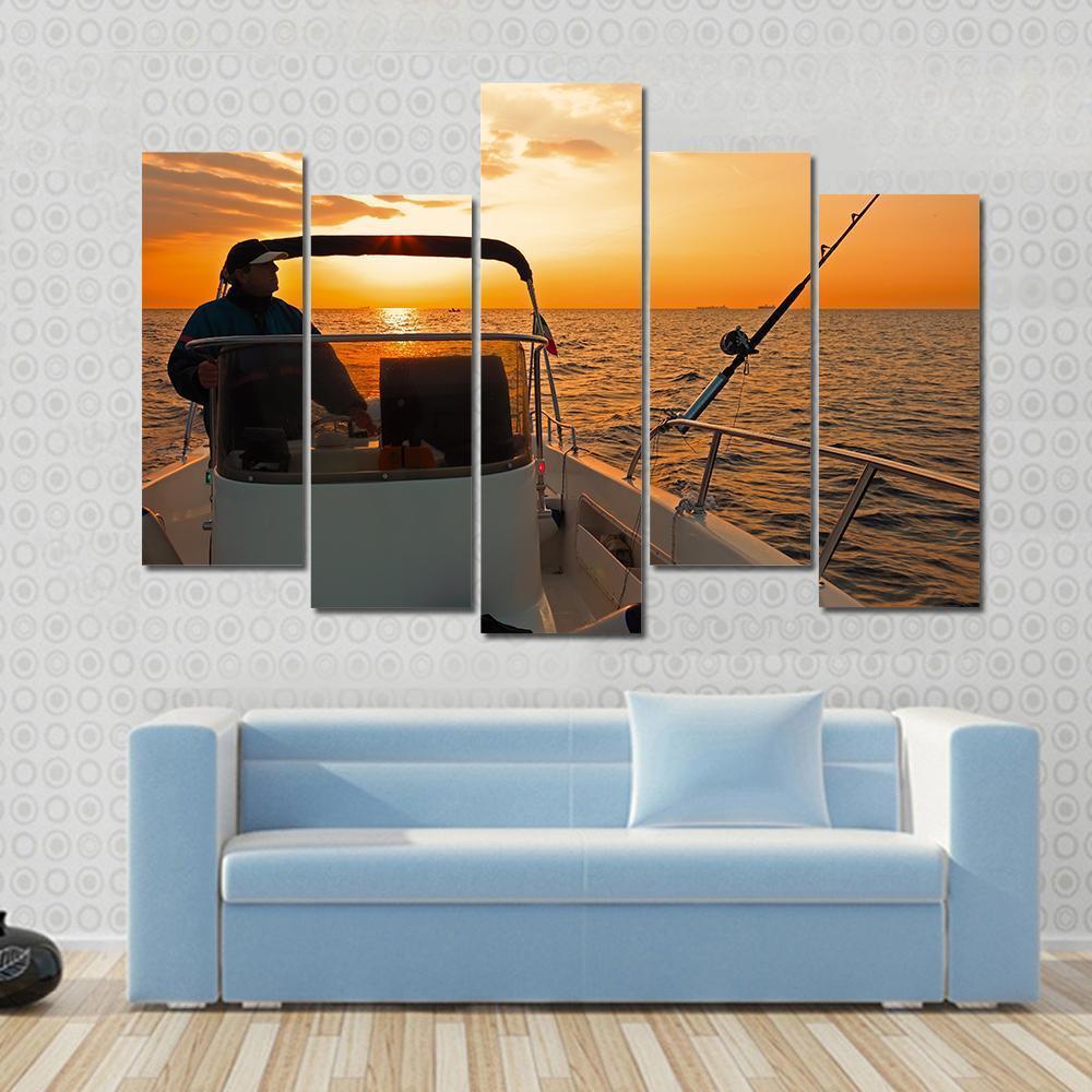 Fisherman With Boat In Ocean Canvas Wall Art-5 Pop-Gallery Wrap-47" x 32"-Tiaracle