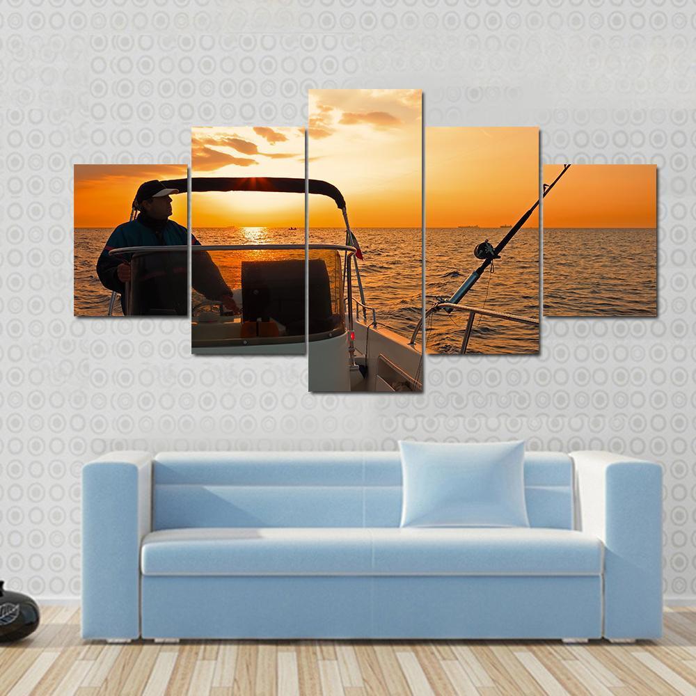 Fisherman With Boat In Ocean Canvas Wall Art-5 Star-Gallery Wrap-62" x 32"-Tiaracle