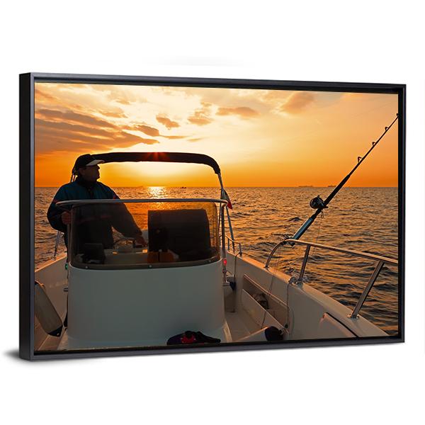 Fisherman With Boat In Ocean Canvas Wall Art-3 Horizontal-Gallery Wrap-25" x 16"-Tiaracle