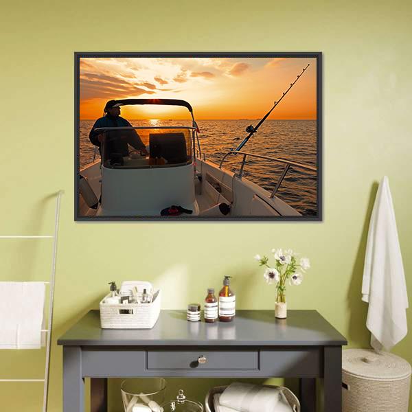 Fisherman With Boat In Ocean Canvas Wall Art-1 Piece-Floating Frame-24" x 16"-Tiaracle