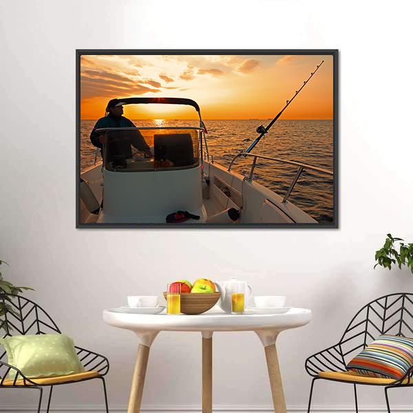 Fisherman With Boat In Ocean Canvas Wall Art-3 Horizontal-Gallery Wrap-25" x 16"-Tiaracle