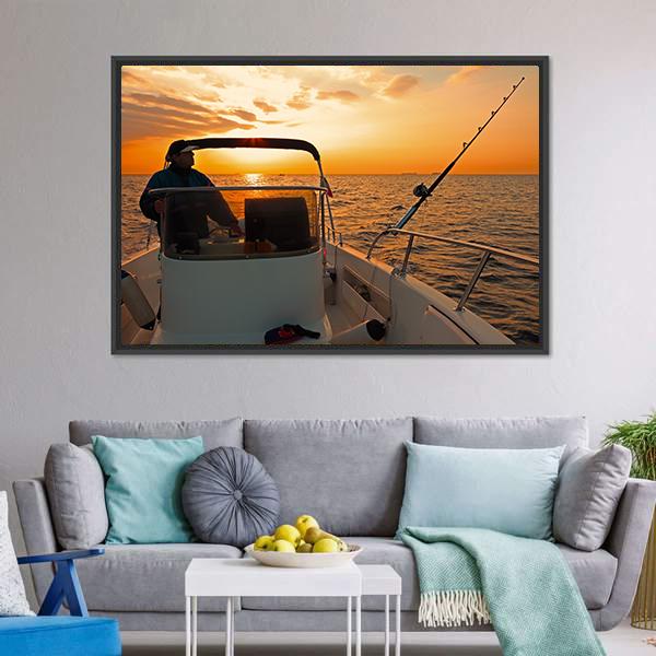 Fisherman With Boat In Ocean Canvas Wall Art-3 Horizontal-Gallery Wrap-25" x 16"-Tiaracle