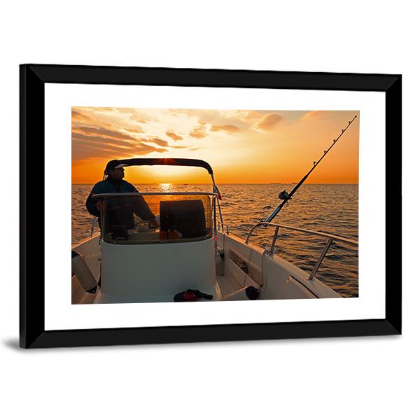 Fisherman With Boat In Ocean Canvas Wall Art-3 Horizontal-Gallery Wrap-25" x 16"-Tiaracle