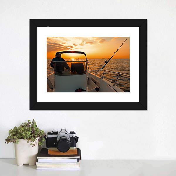 Fisherman With Boat In Ocean Canvas Wall Art-1 Piece-Framed Print-20" x 16"-Tiaracle