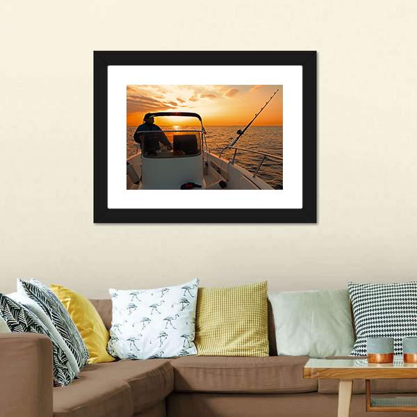 Fisherman With Boat In Ocean Canvas Wall Art-3 Horizontal-Gallery Wrap-25" x 16"-Tiaracle