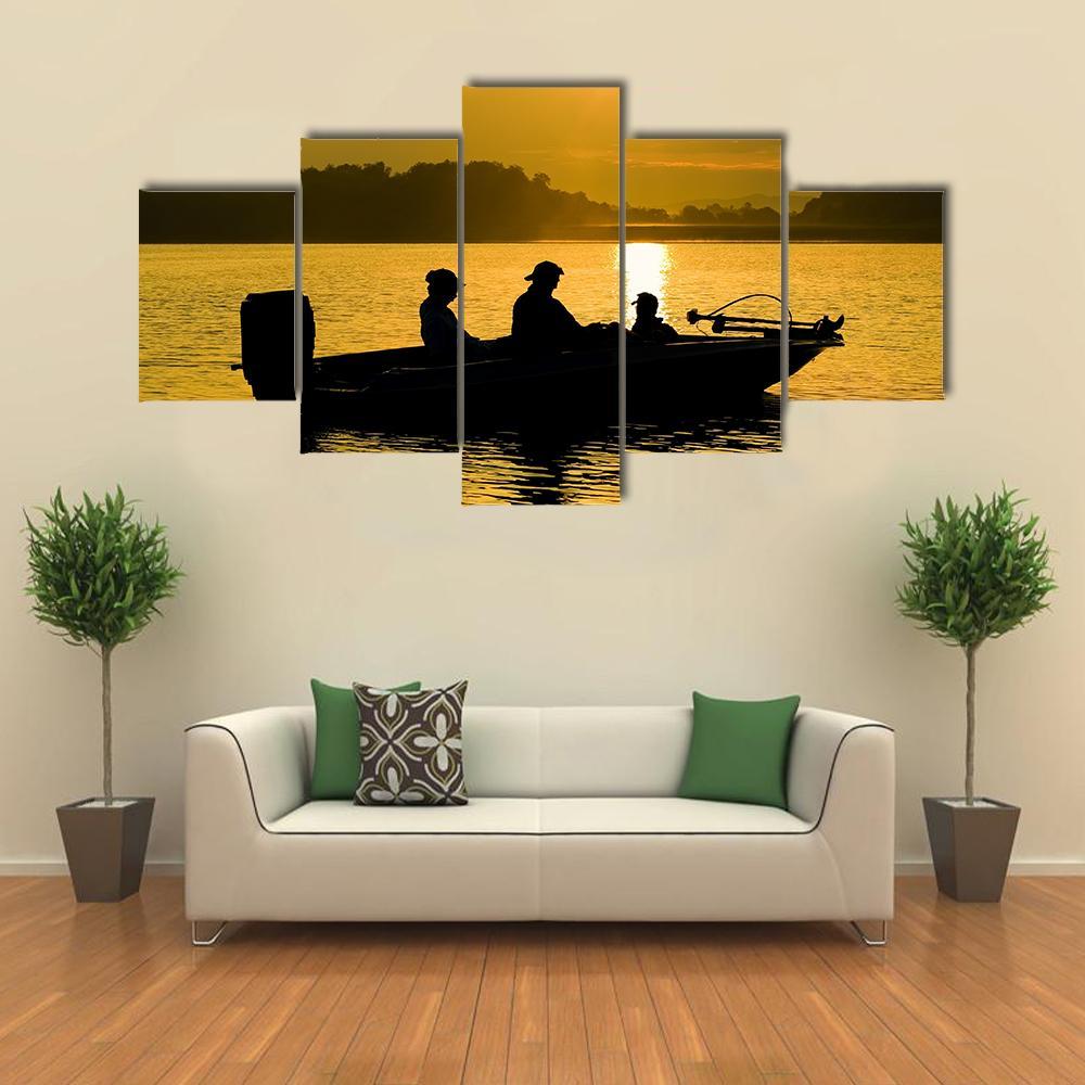 Fishermen Boating Silhouette Canvas Wall Art-5 Star-Gallery Wrap-62" x 32"-Tiaracle