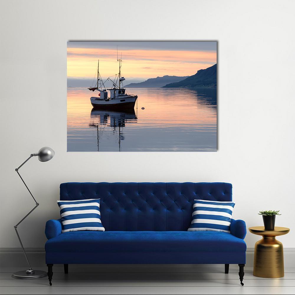 Fishing Boat Lies At Sundown Canvas Wall Art-1 Piece-Gallery Wrap-48" x 32"-Tiaracle