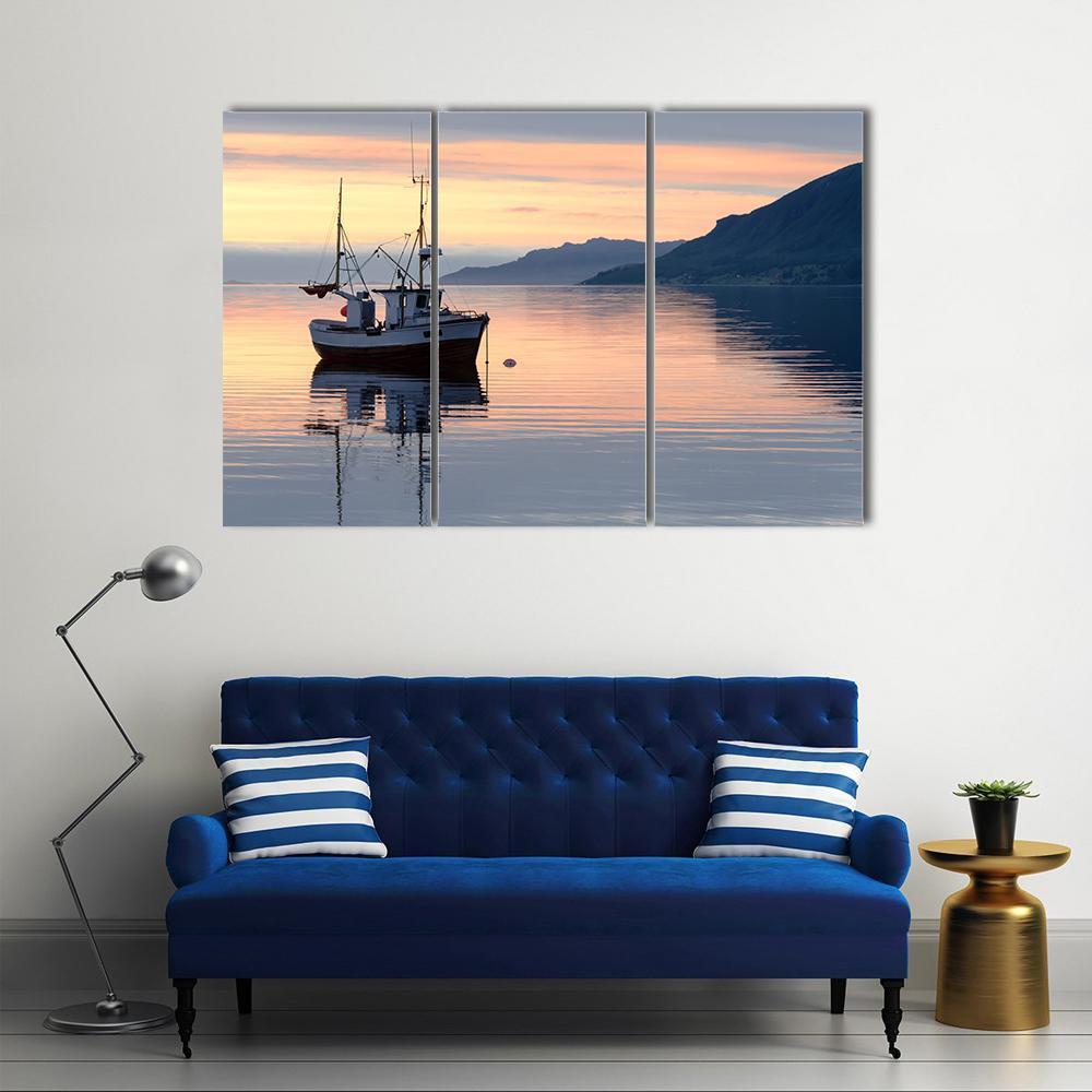 Fishing Boat Lies At Sundown Canvas Wall Art-3 Horizontal-Gallery Wrap-37" x 24"-Tiaracle