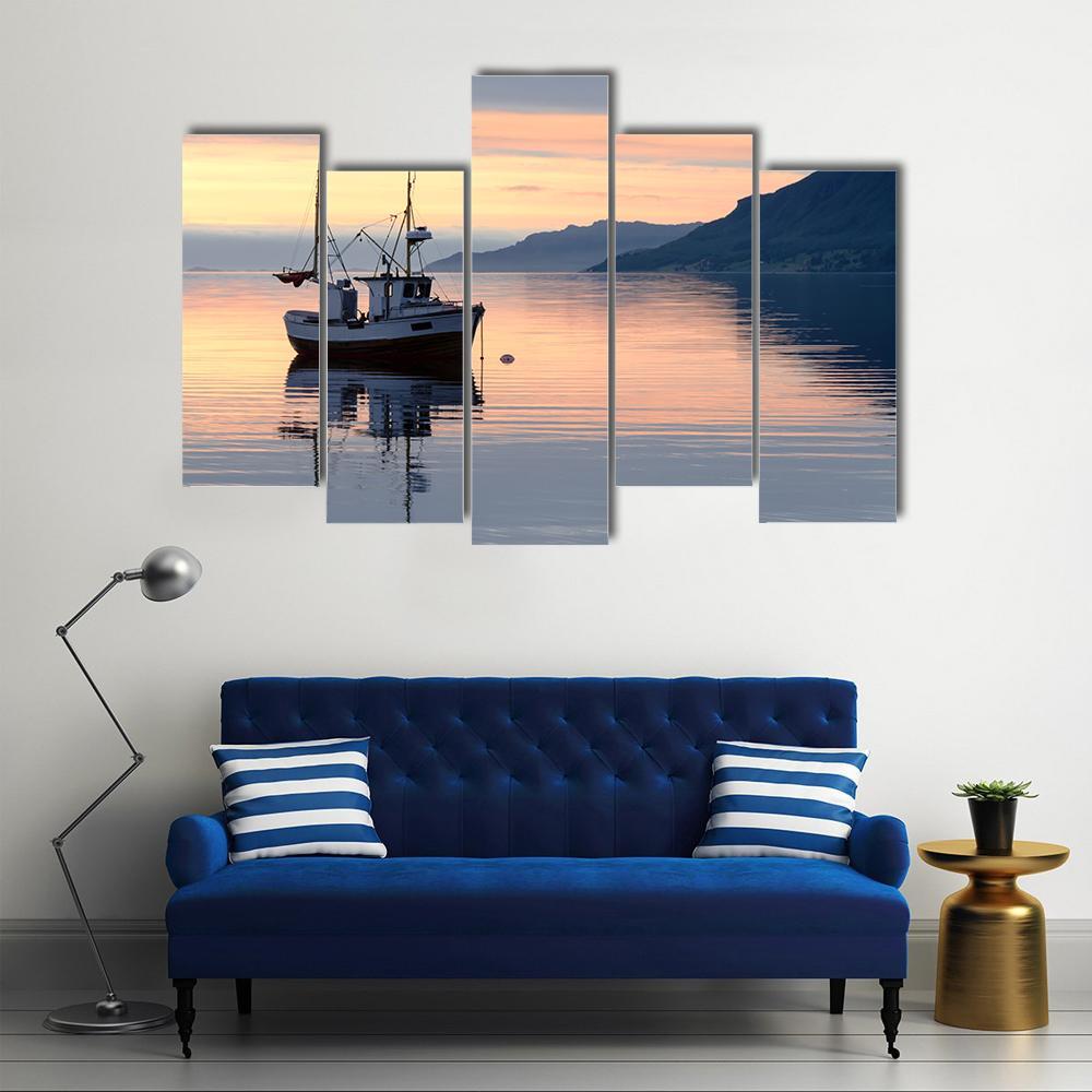 Fishing Boat Lies At Sundown Canvas Wall Art-5 Pop-Gallery Wrap-47" x 32"-Tiaracle