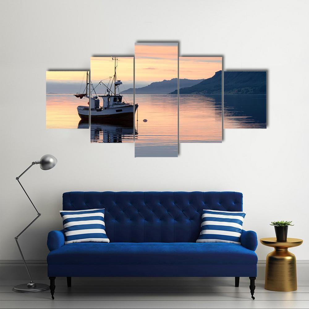 Fishing Boat Lies At Sundown Canvas Wall Art-5 Star-Gallery Wrap-62" x 32"-Tiaracle