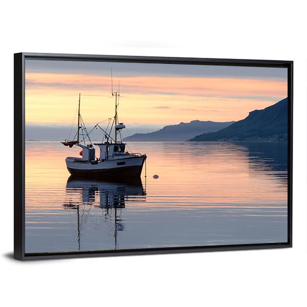 Fishing Boat Lies At Sundown Canvas Wall Art-3 Horizontal-Gallery Wrap-25" x 16"-Tiaracle