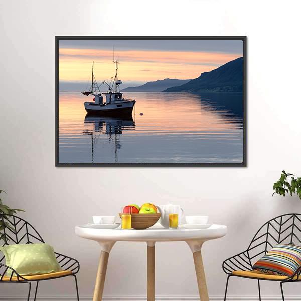 Fishing Boat Lies At Sundown Canvas Wall Art-3 Horizontal-Gallery Wrap-25" x 16"-Tiaracle