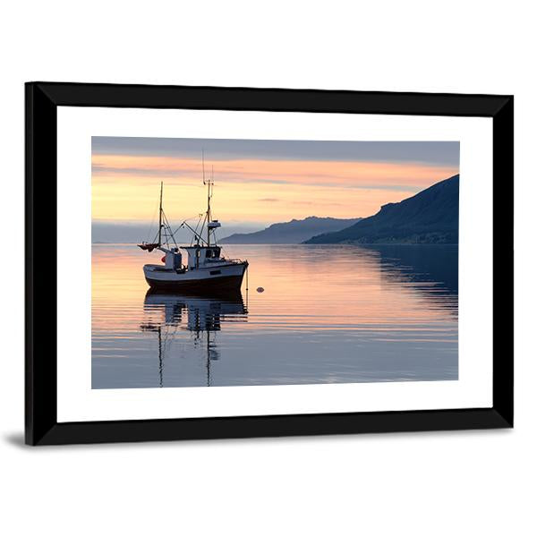 Fishing Boat Lies At Sundown Canvas Wall Art-3 Horizontal-Gallery Wrap-25" x 16"-Tiaracle