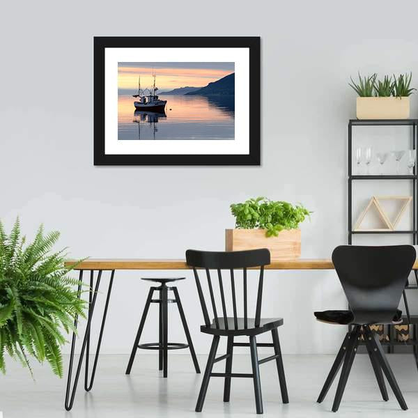 Fishing Boat Lies At Sundown Canvas Wall Art-3 Horizontal-Gallery Wrap-25" x 16"-Tiaracle