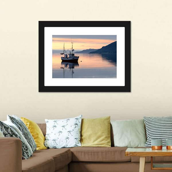 Fishing Boat Lies At Sundown Canvas Wall Art-3 Horizontal-Gallery Wrap-25" x 16"-Tiaracle