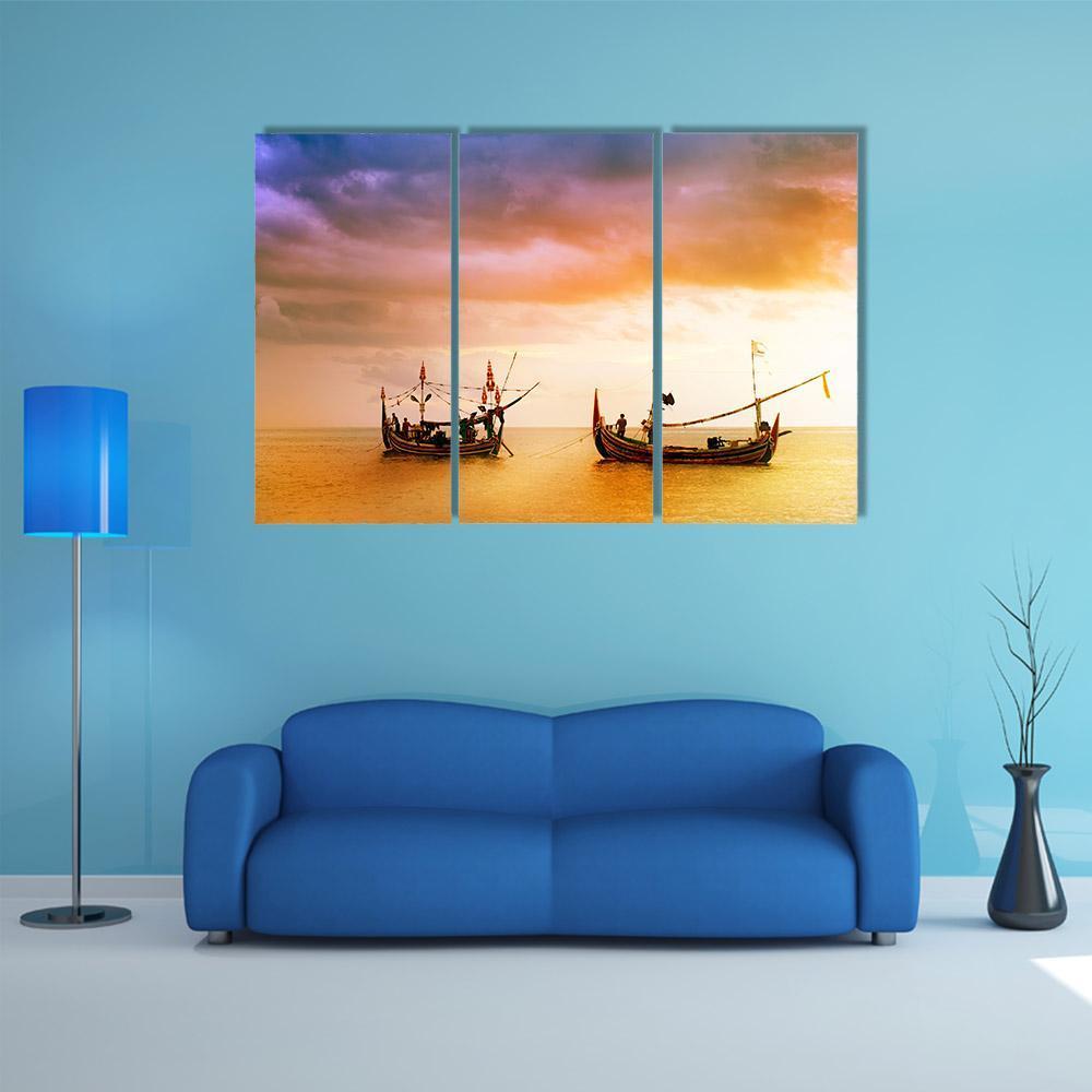 Fishing Boats On Beach Canvas Wall Art-3 Horizontal-Gallery Wrap-37" x 24"-Tiaracle