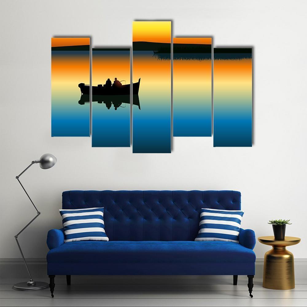 Fishing On Tranquil Lake Canvas Wall Art-5 Pop-Gallery Wrap-47" x 32"-Tiaracle