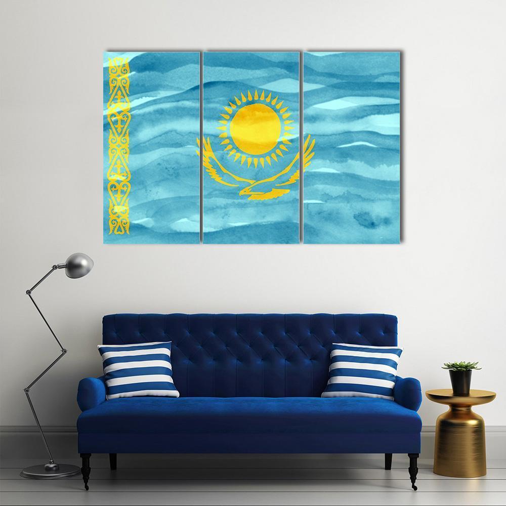 Flag Of Kazakhstan Canvas Wall Art-3 Horizontal-Gallery Wrap-37" x 24"-Tiaracle