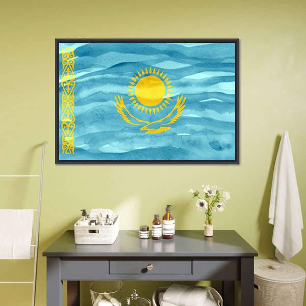Flag Of Kazakhstan Canvas Wall Art-1 Piece-Floating Frame-24" x 16"-Tiaracle