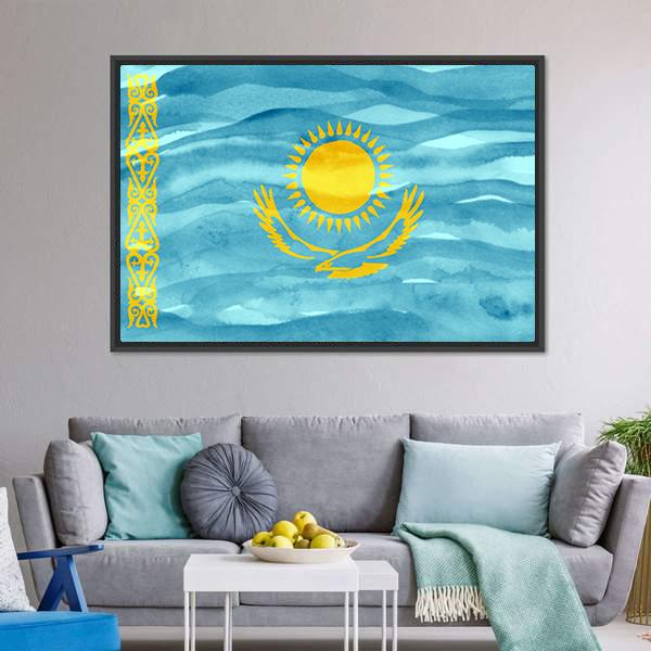 Flag Of Kazakhstan Canvas Wall Art-3 Horizontal-Gallery Wrap-25" x 16"-Tiaracle