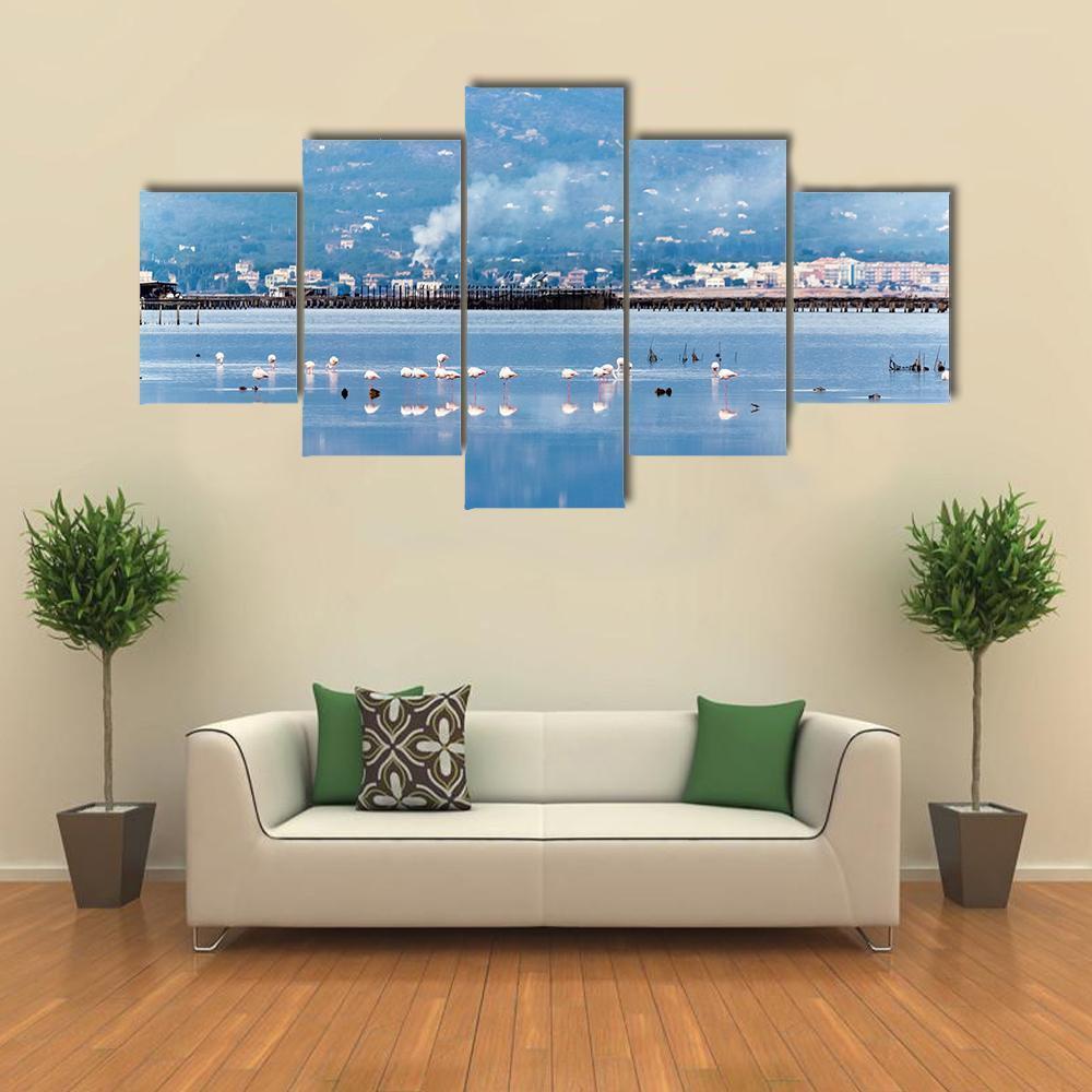 Flamingo Group In Water Canvas Wall Art-5 Star-Gallery Wrap-62" x 32"-Tiaracle