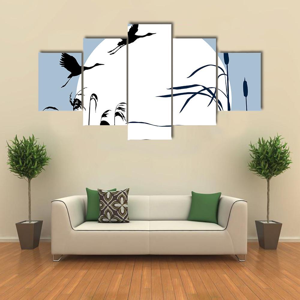 Flying Birds Silhouette Canvas Wall Art-5 Star-Gallery Wrap-62" x 32"-Tiaracle