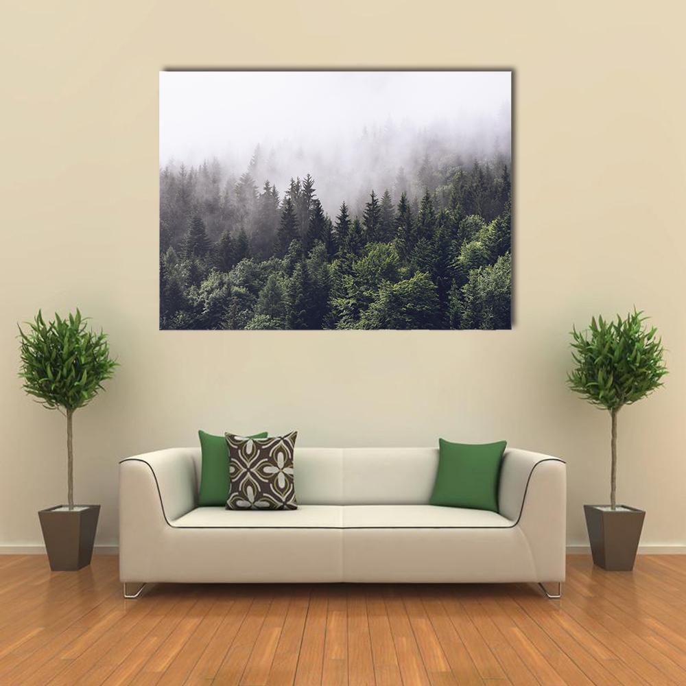 Foggy Forested Mountain Canvas Wall Art-1 Piece-Gallery Wrap-48" x 32"-Tiaracle