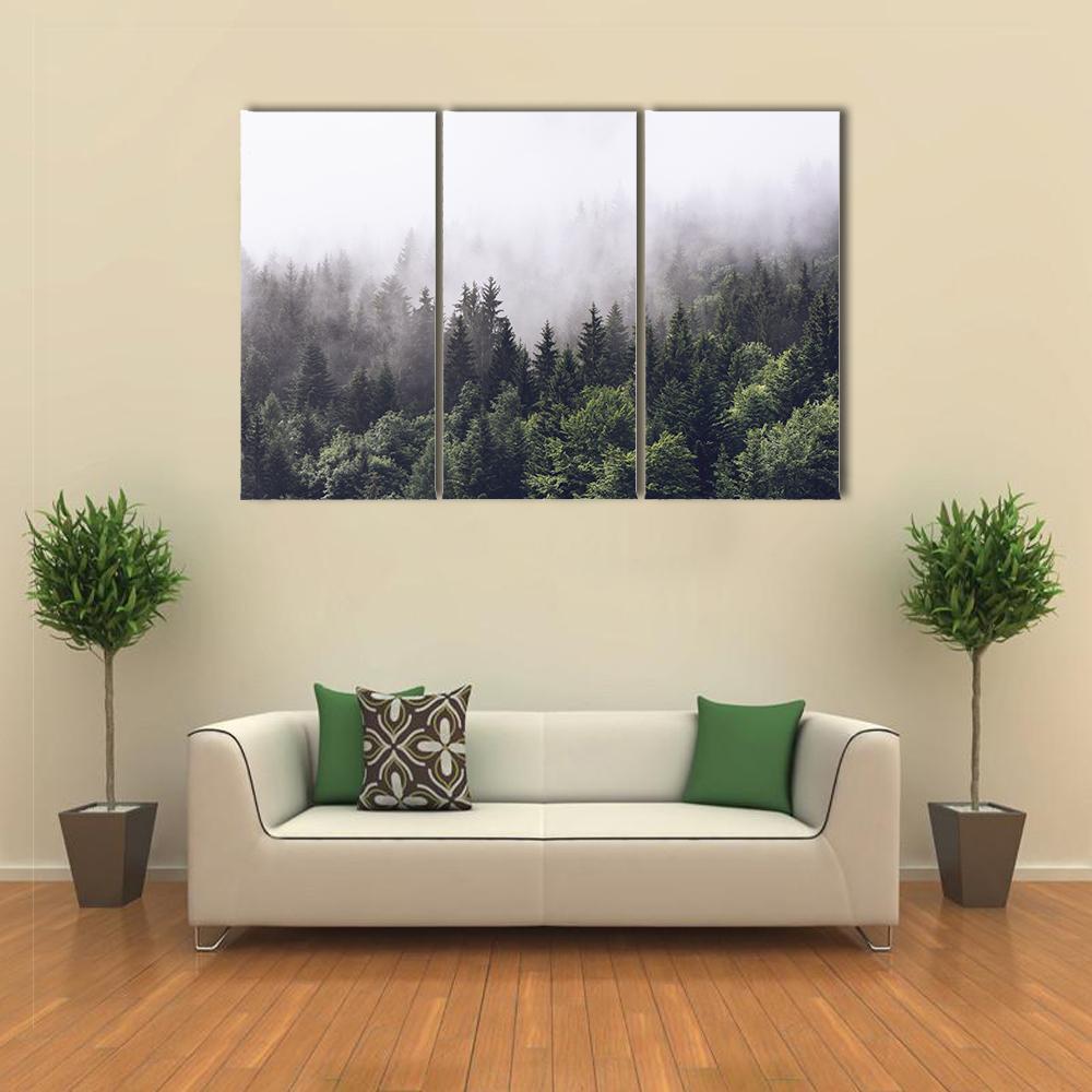 Foggy Forested Mountain Canvas Wall Art-3 Horizontal-Gallery Wrap-37" x 24"-Tiaracle