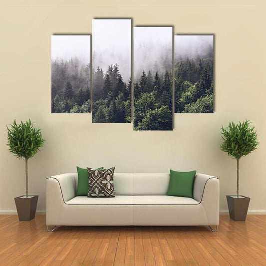 Foggy Forested Mountain Canvas Wall Art-4 Pop-Gallery Wrap-50" x 32"-Tiaracle