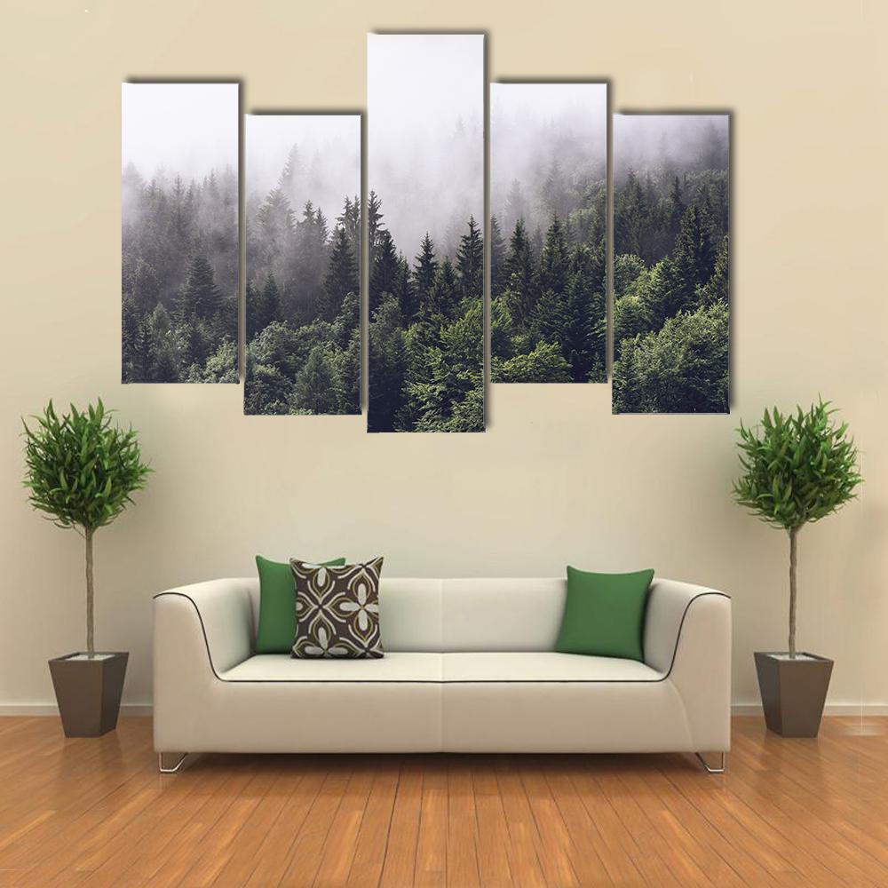 Foggy Forested Mountain Canvas Wall Art-5 Pop-Gallery Wrap-47" x 32"-Tiaracle