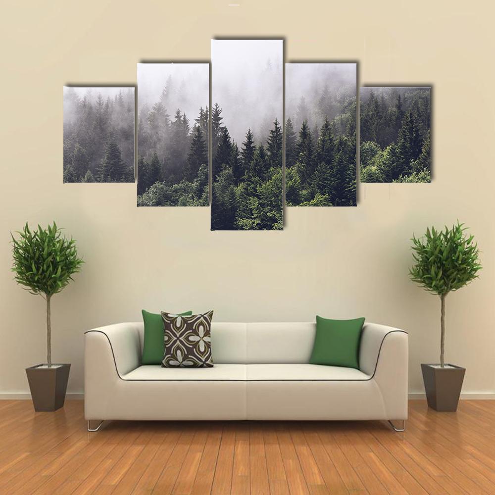 Foggy Forested Mountain Canvas Wall Art-5 Star-Gallery Wrap-62" x 32"-Tiaracle