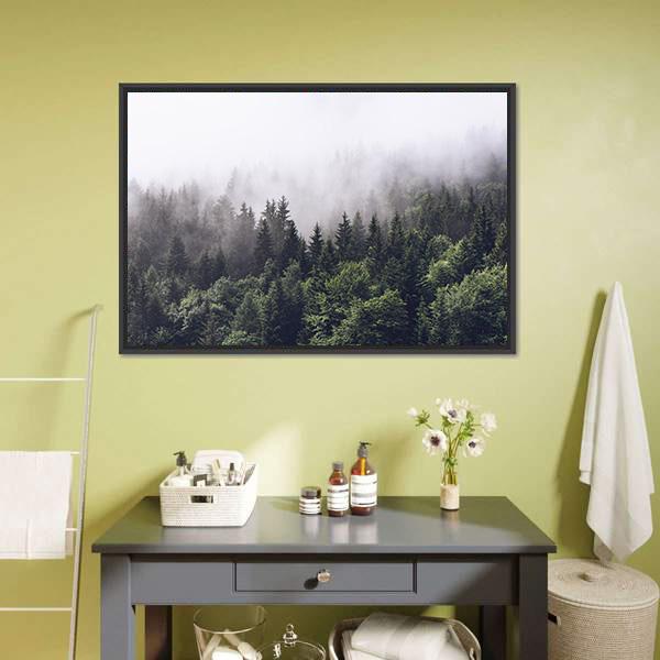 Foggy Forested Mountain Canvas Wall Art-1 Piece-Floating Frame-24" x 16"-Tiaracle