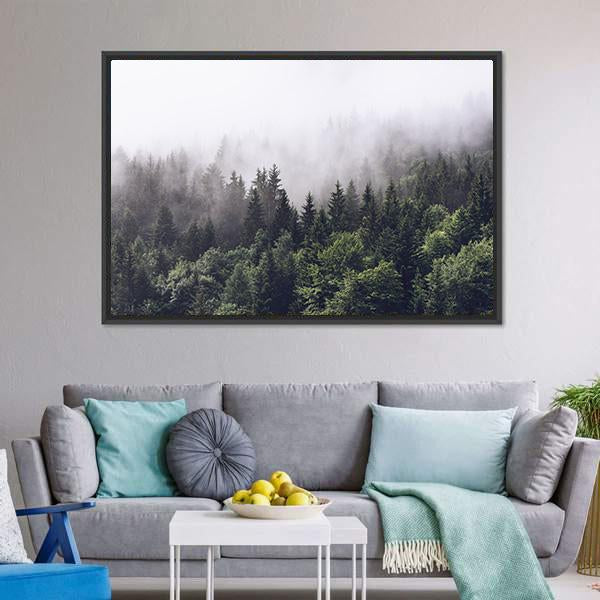 Foggy Forested Mountain Canvas Wall Art-3 Horizontal-Gallery Wrap-25" x 16"-Tiaracle