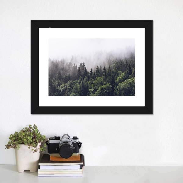 Foggy Forested Mountain Canvas Wall Art-1 Piece-Framed Print-20" x 16"-Tiaracle