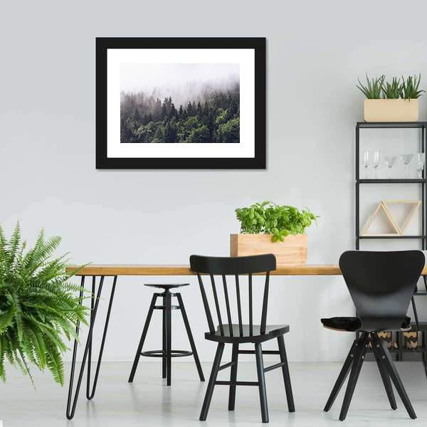 Foggy Forested Mountain Canvas Wall Art-3 Horizontal-Gallery Wrap-25" x 16"-Tiaracle