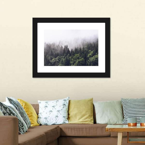 Foggy Forested Mountain Canvas Wall Art-3 Horizontal-Gallery Wrap-25" x 16"-Tiaracle