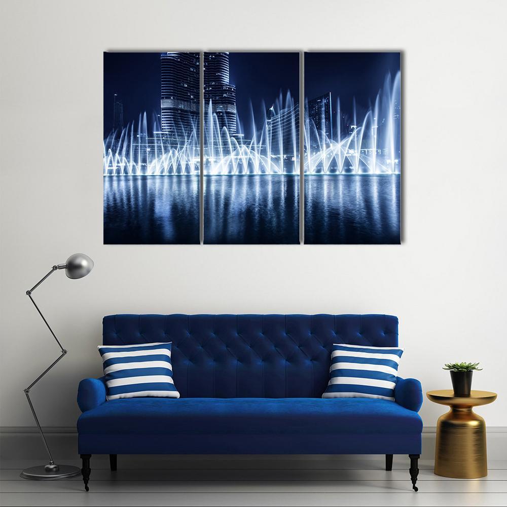 Fountain In Dubai At Night Canvas Wall Art-3 Horizontal-Gallery Wrap-37" x 24"-Tiaracle