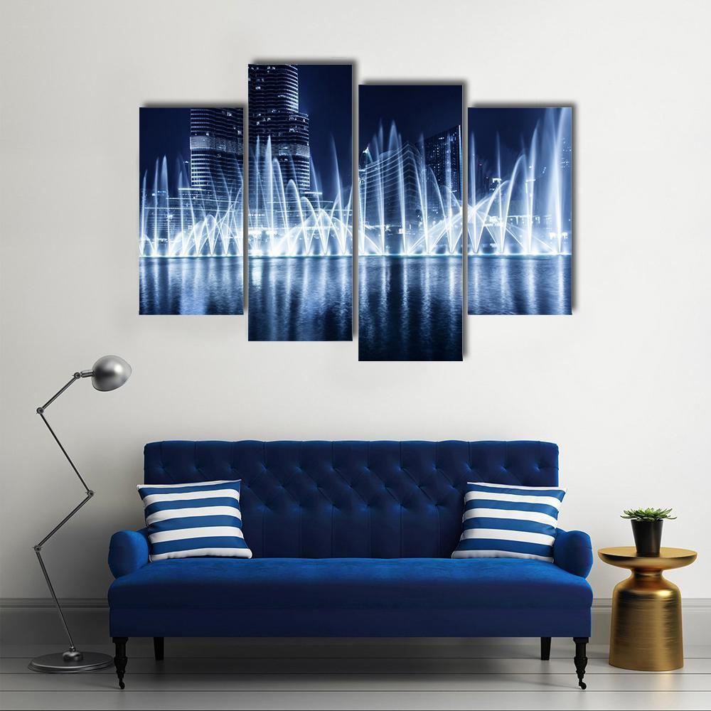 Fountain In Dubai At Night Canvas Wall Art-4 Pop-Gallery Wrap-50" x 32"-Tiaracle