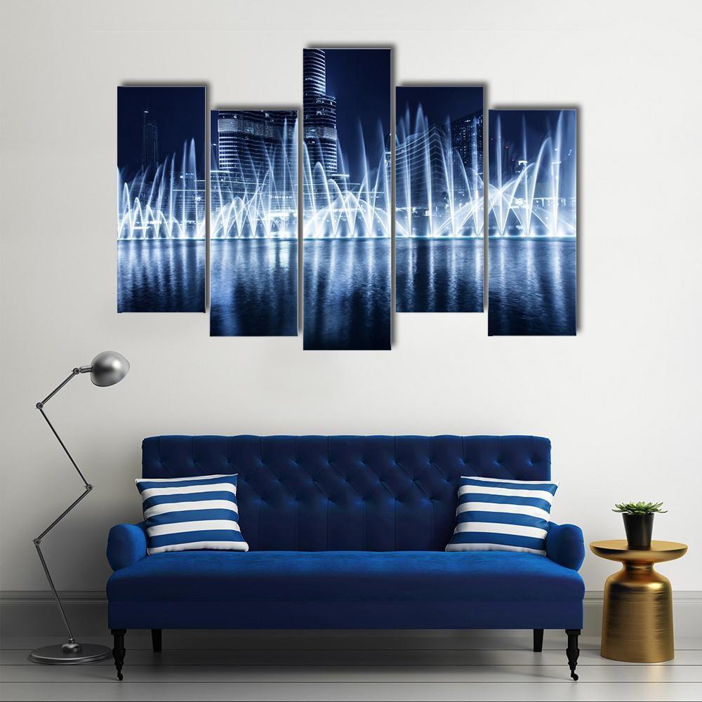 Fountain In Dubai At Night Canvas Wall Art-5 Pop-Gallery Wrap-47" x 32"-Tiaracle