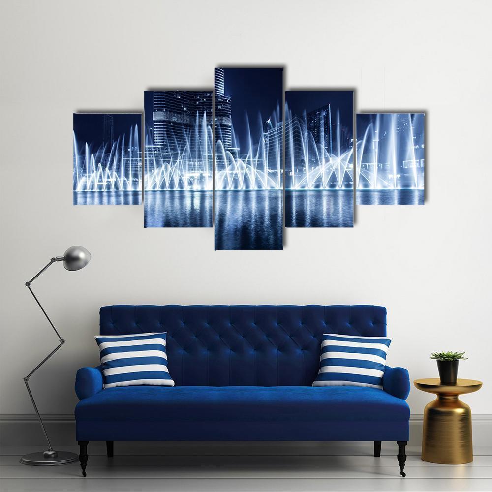 Fountain In Dubai At Night Canvas Wall Art-5 Star-Gallery Wrap-62" x 32"-Tiaracle