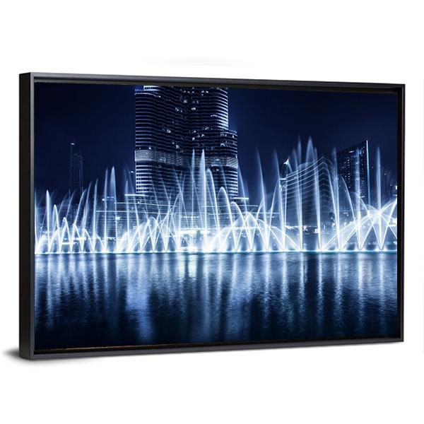 Fountain In Dubai At Night Canvas Wall Art-3 Horizontal-Gallery Wrap-25" x 16"-Tiaracle