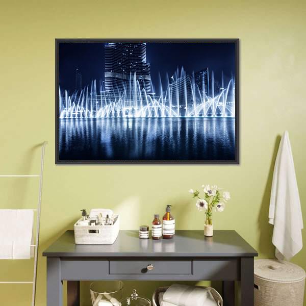 Fountain In Dubai At Night Canvas Wall Art-1 Piece-Floating Frame-24" x 16"-Tiaracle