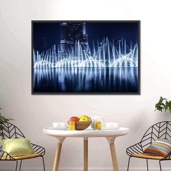 Fountain In Dubai At Night Canvas Wall Art-3 Horizontal-Gallery Wrap-25" x 16"-Tiaracle