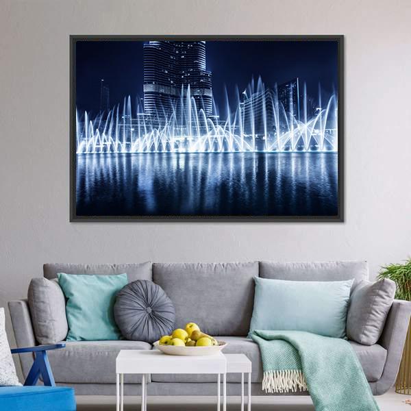 Fountain In Dubai At Night Canvas Wall Art-3 Horizontal-Gallery Wrap-25" x 16"-Tiaracle