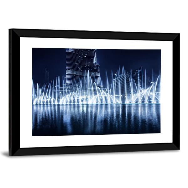 Fountain In Dubai At Night Canvas Wall Art-3 Horizontal-Gallery Wrap-25" x 16"-Tiaracle