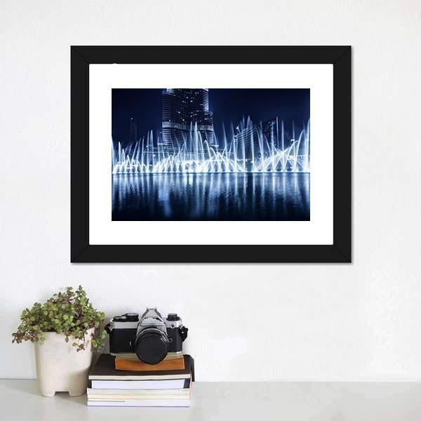 Fountain In Dubai At Night Canvas Wall Art-1 Piece-Framed Print-20" x 16"-Tiaracle