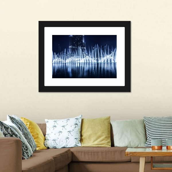 Fountain In Dubai At Night Canvas Wall Art-3 Horizontal-Gallery Wrap-25" x 16"-Tiaracle