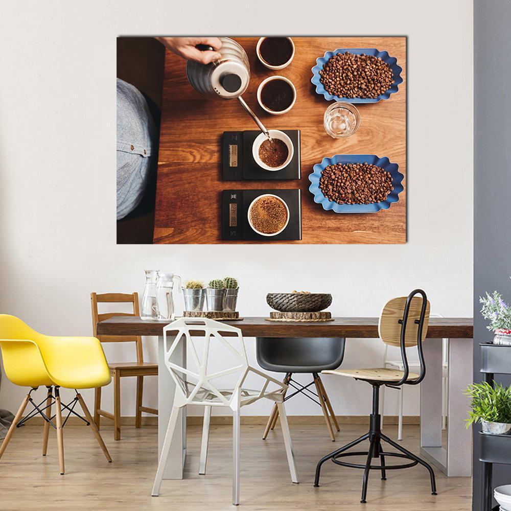 Four Coffee Cup On Table Canvas Wall Art-1 Piece-Gallery Wrap-48" x 32"-Tiaracle