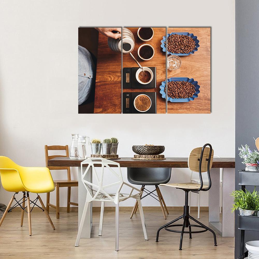 Four Coffee Cup On Table Canvas Wall Art-3 Horizontal-Gallery Wrap-37" x 24"-Tiaracle